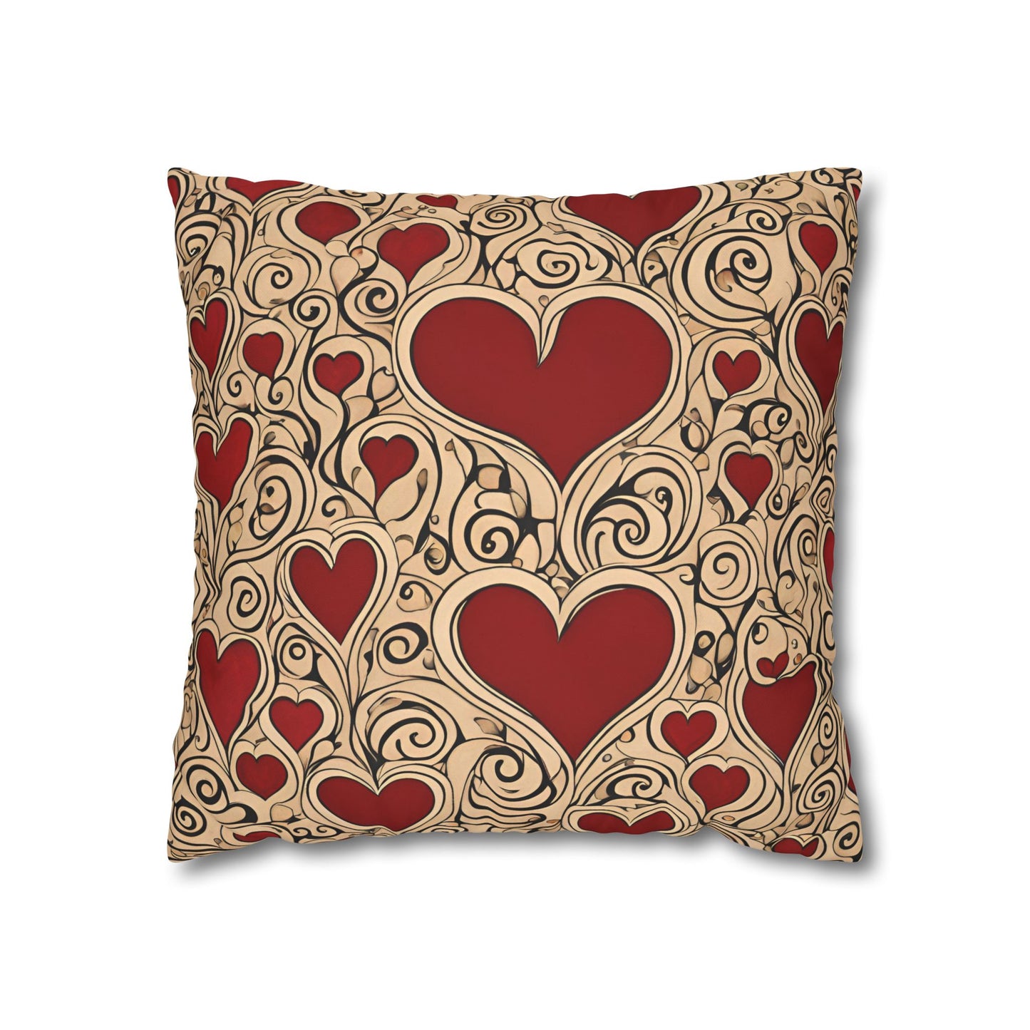 Hearts on Khaki Square Poly Canvas Pillowcase