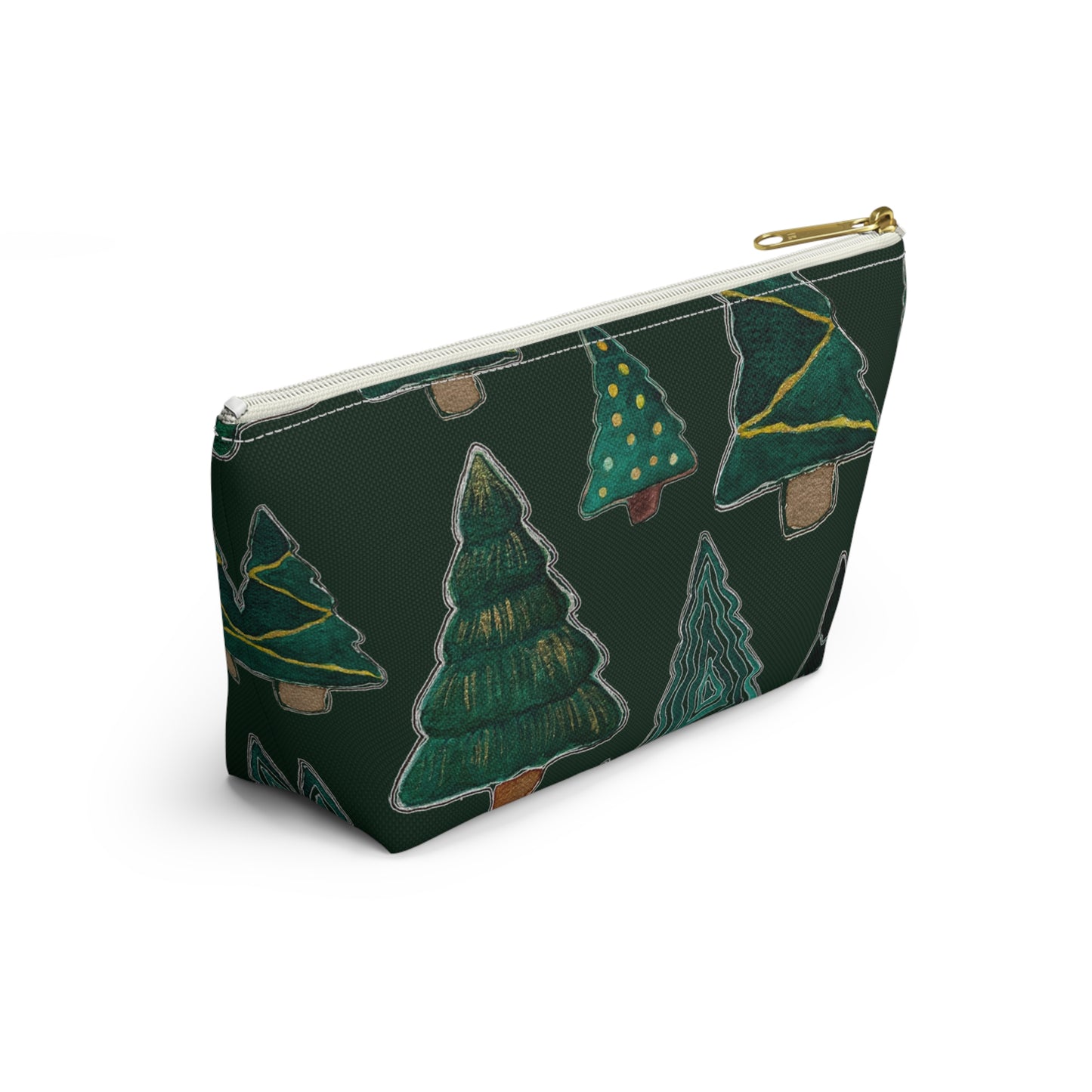 Christmas Tree Cutouts on Green Accessory Pouch w T-bottom