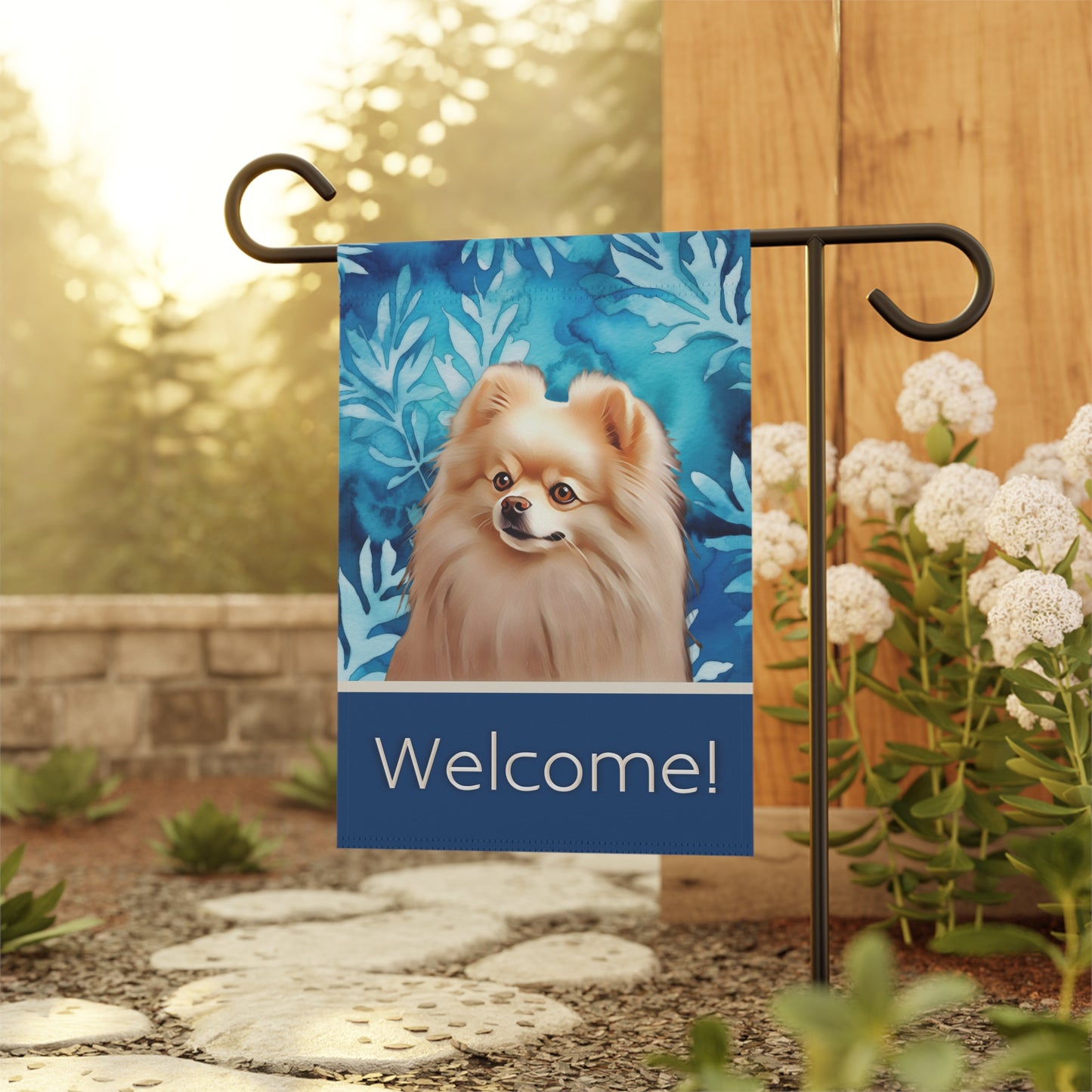 Pomeranian Welcome Blue 2-Sided Garden & House Flag/Banner