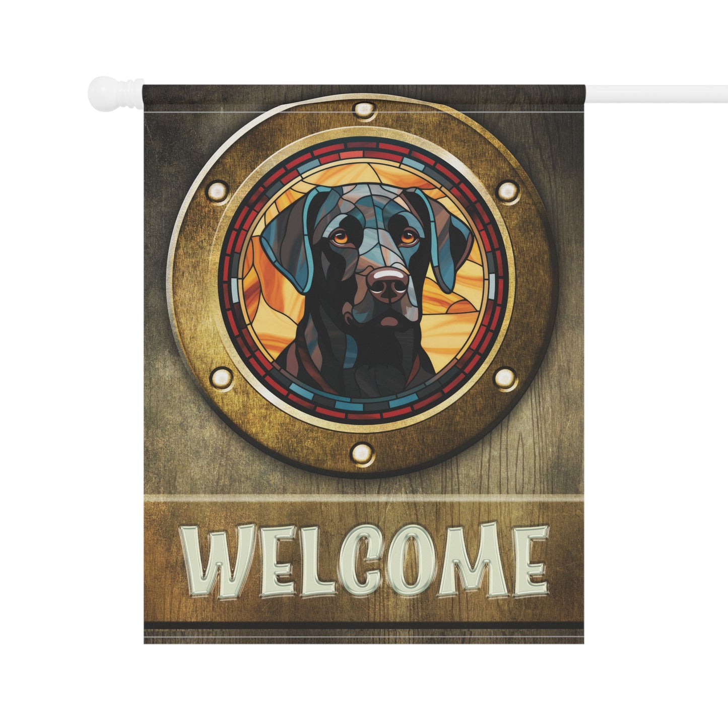 Black Labrador in Port Hole Welcome 2-Sided Garden & House Flag/Banner