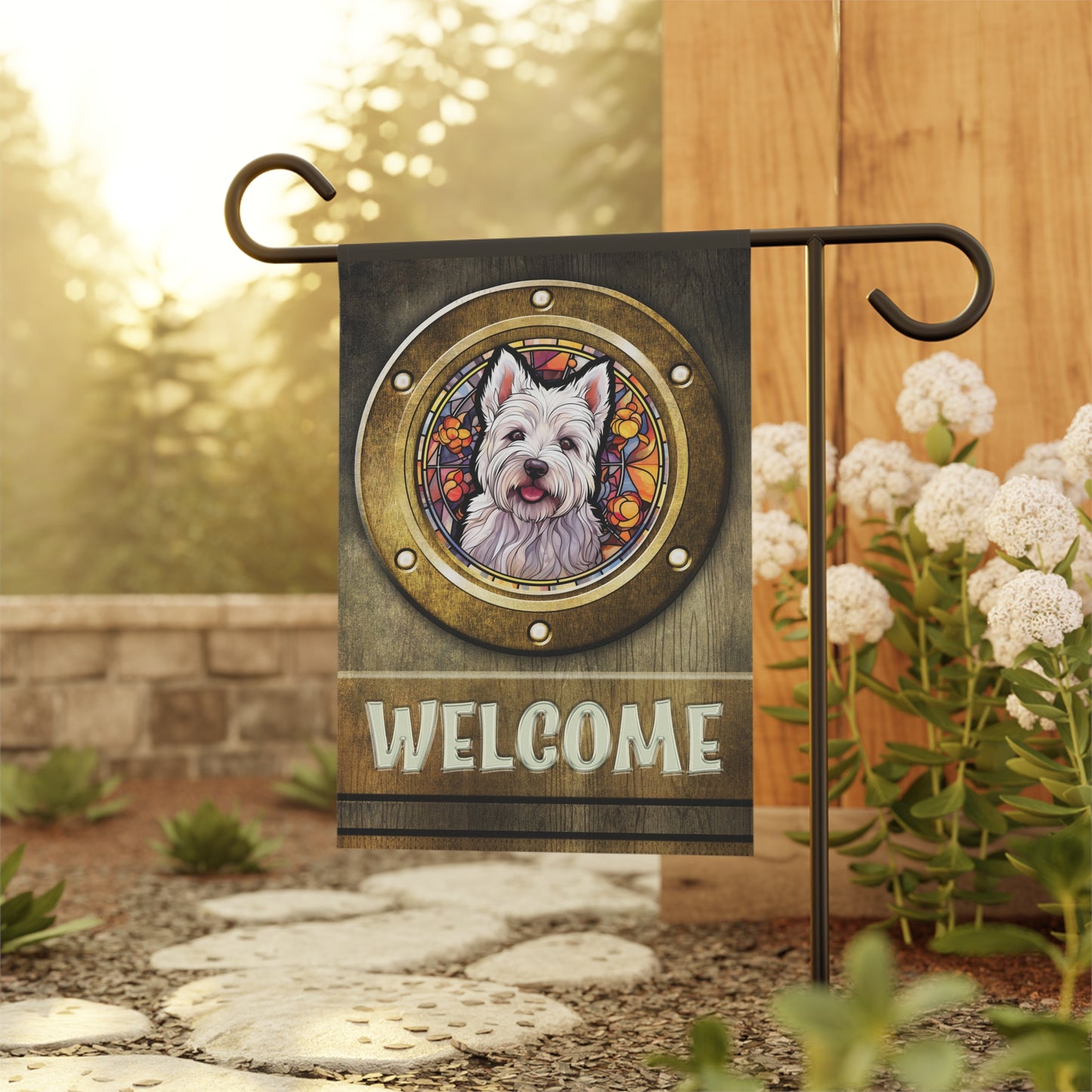 West Highland Terrier in Port Hole Westie Welcome 2-Sided Garden & House Flag/Banner