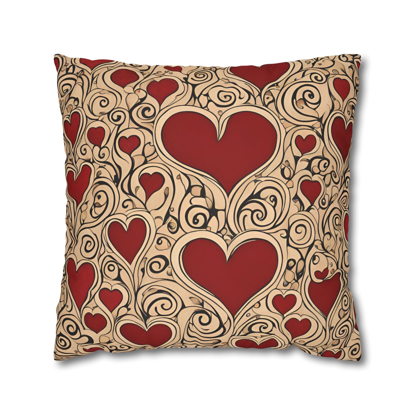 Hearts on Khaki Square Poly Canvas Pillowcase