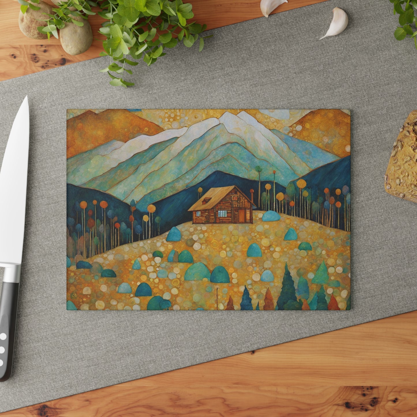 Lone Cabin in the Mountains Tempered Glass Cutting Board