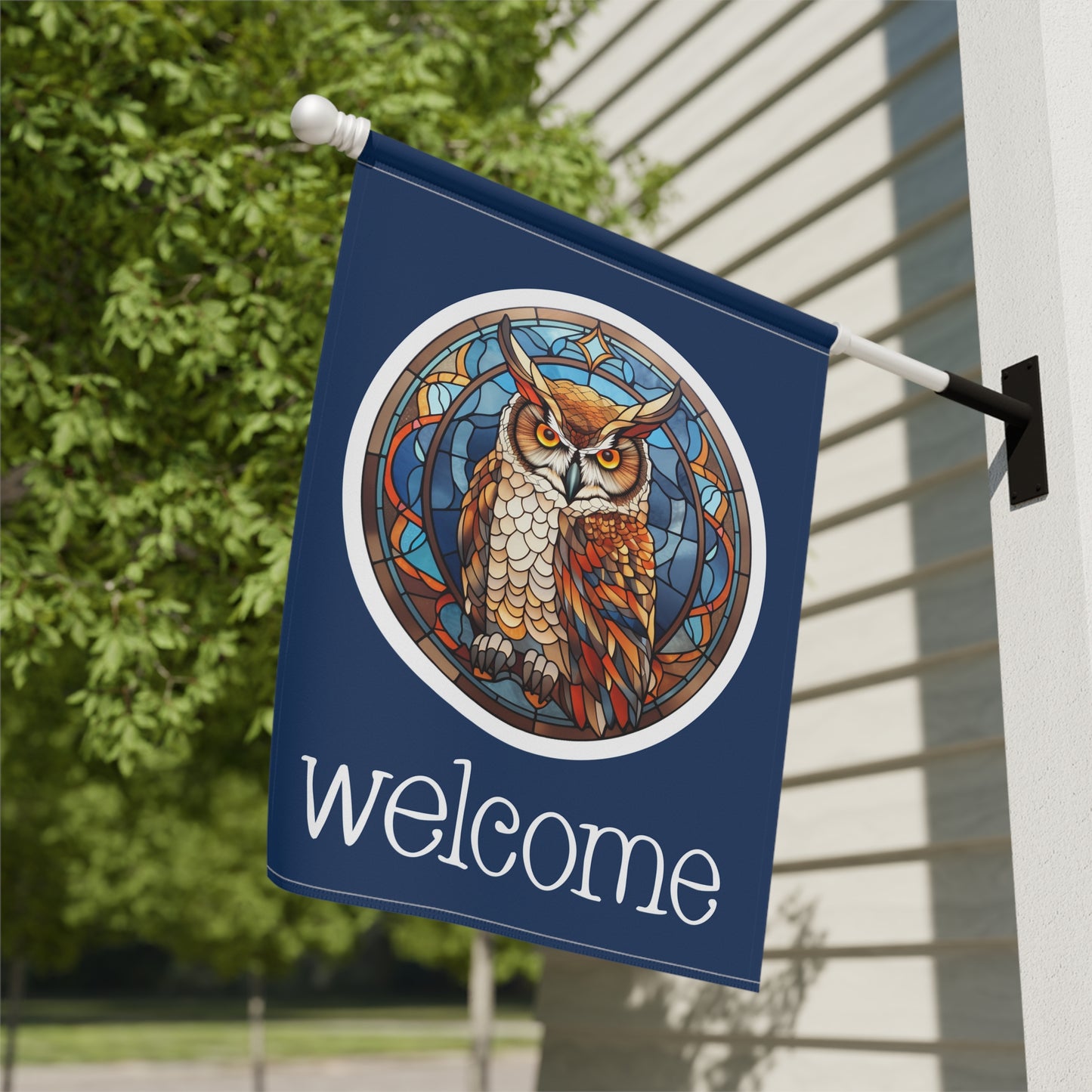 Great Horned Owl Welcome 2-Sided Garden & House Flag/Banner