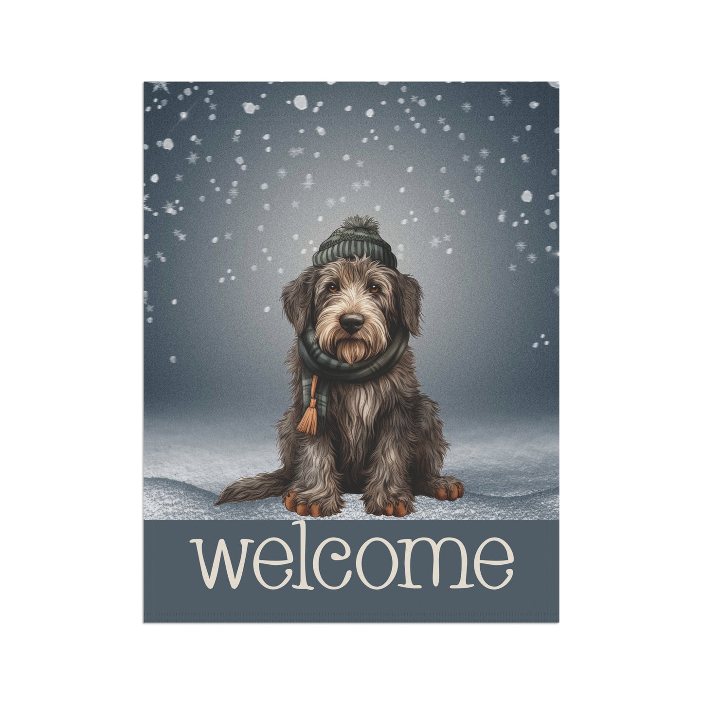 Snowy Welcome Irish Wolfhound in Scarf 2-Sided Garden & House Flag/Banner