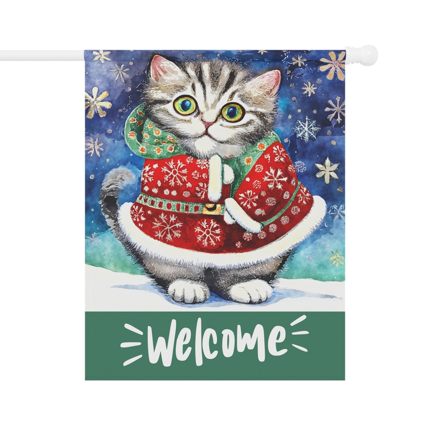 Welcome Whiskers Christmas Cat 2-Sided Garden & House Flag/Banner