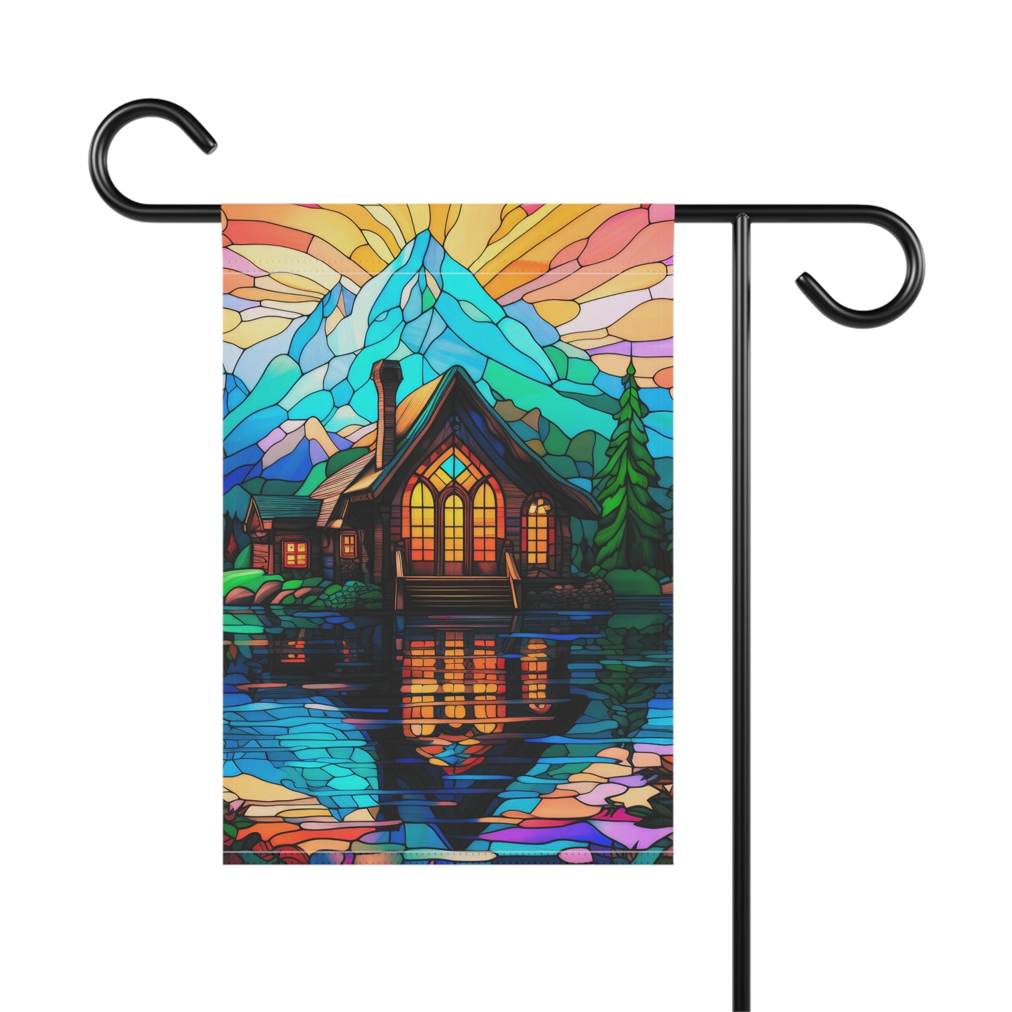 Mountain Cabin Paradise Stained Glass Look 2-Sided Garden & House Flag/Banner