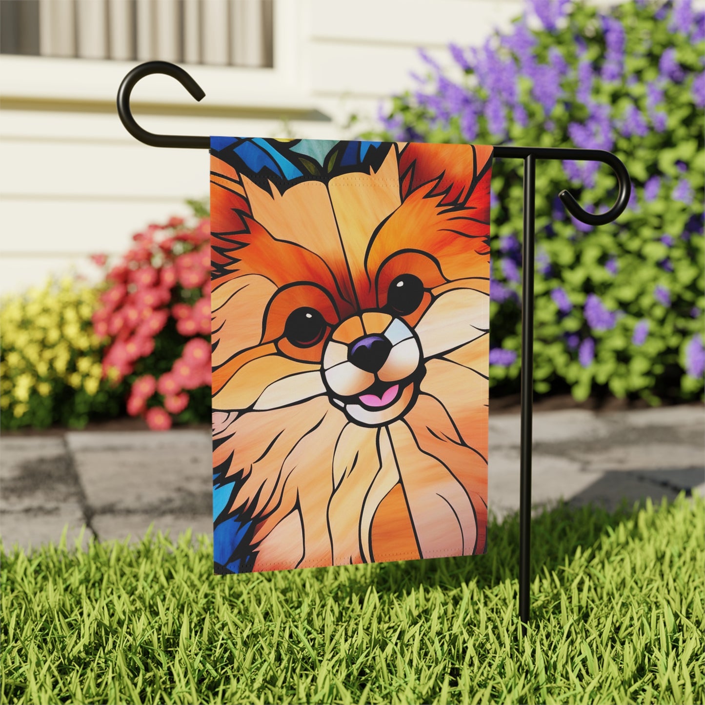 Pomeranian Face Stained Glass 2-Sided Garden & House Flag/Banner