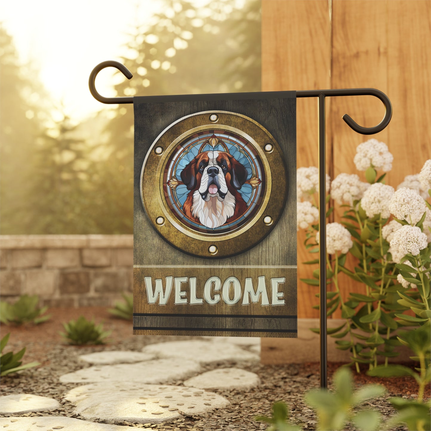 Saint Bernard in Port Hole Welcome 2- Sided Garden & House Flag/Banner