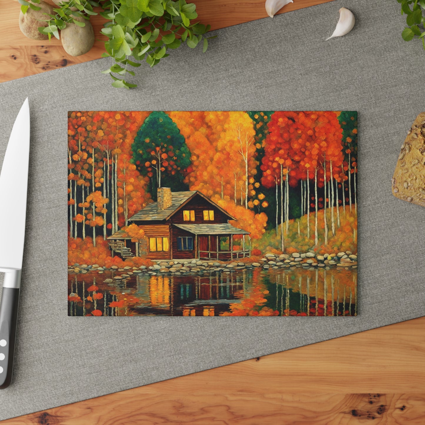 Autumn Lakeside Cabin Tempered Glass Cutting Board