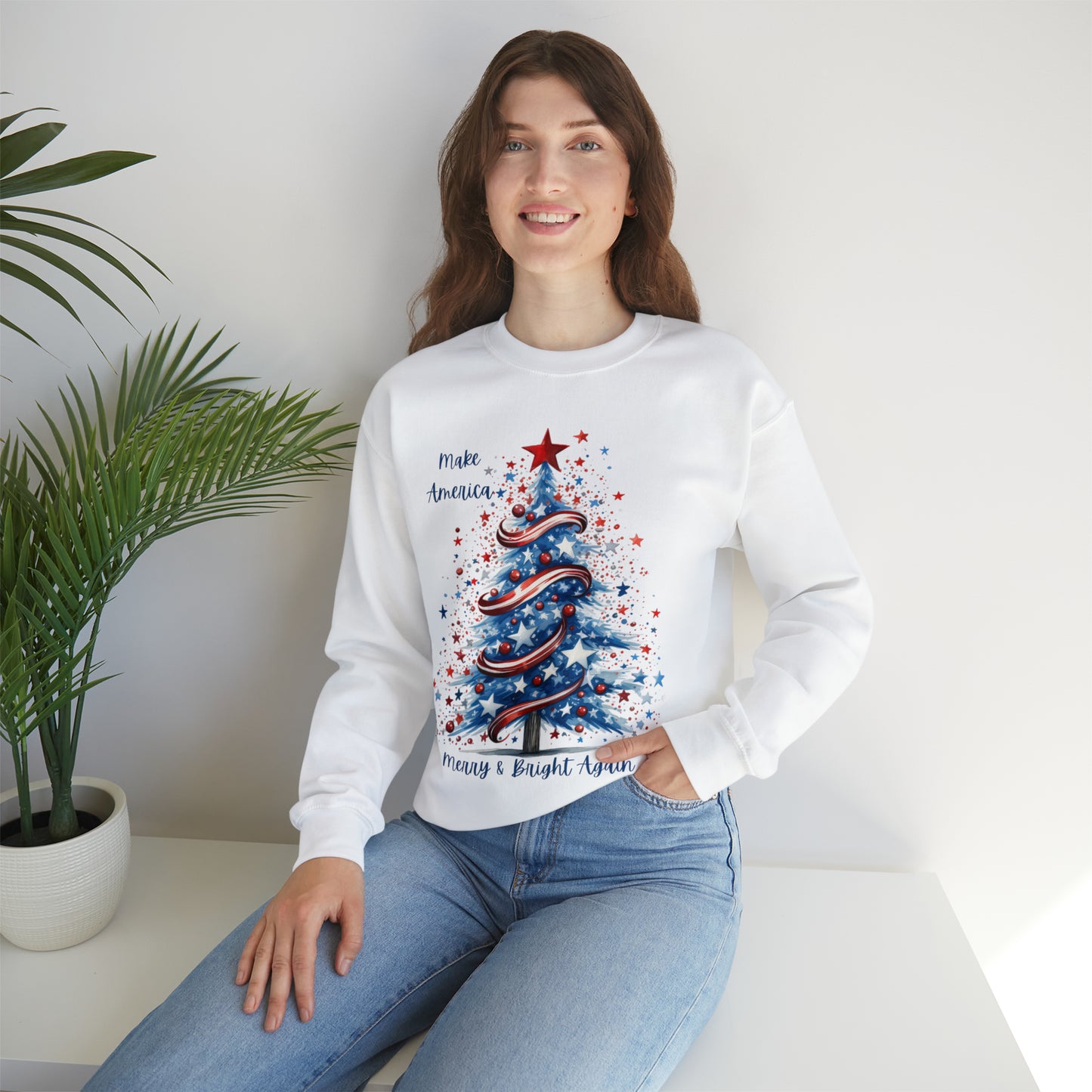 Patriotic Tree Make America Merry & Bright Again Unisex Heavy Blend™ Crewneck Sweatshirt