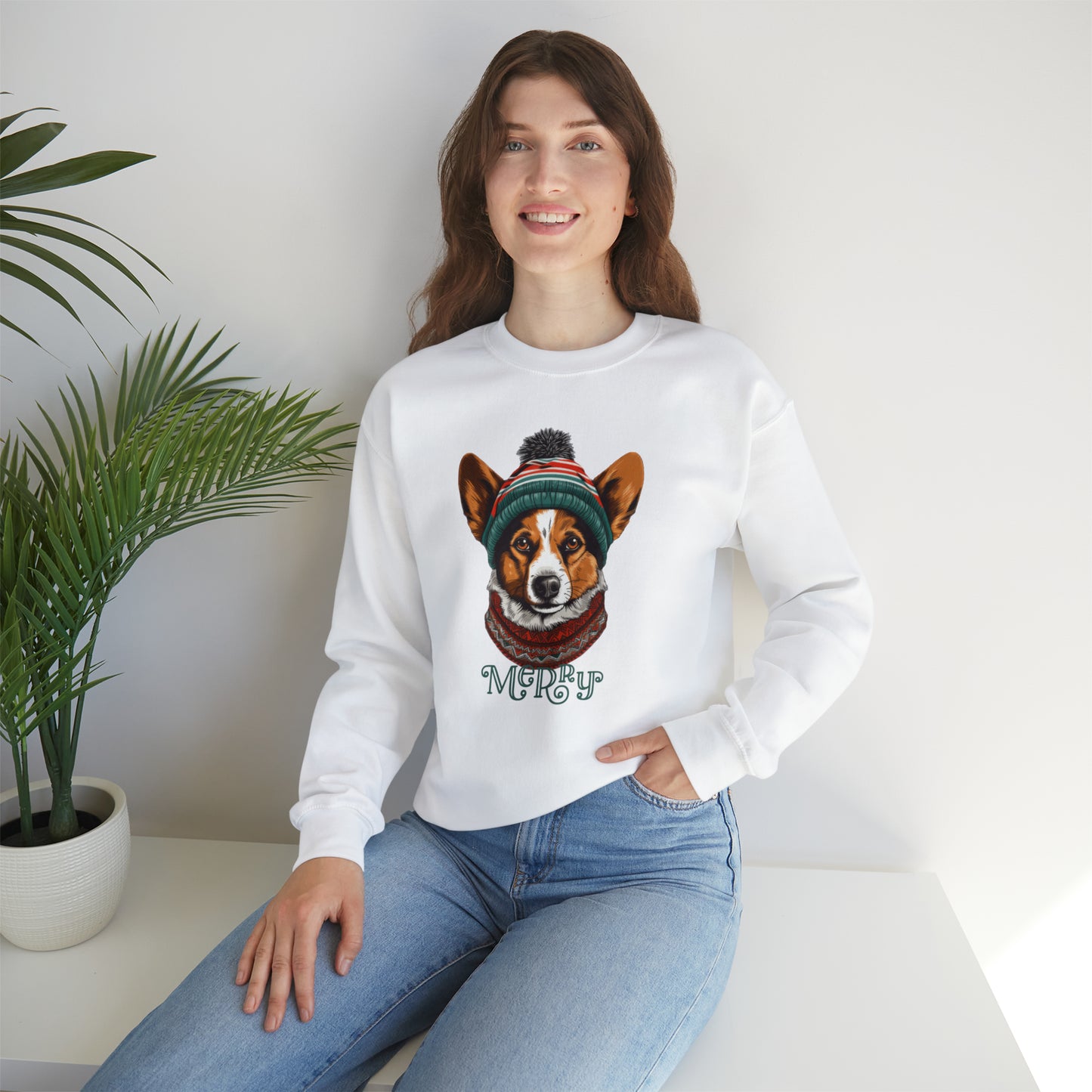 Merry Corgi in Hat & Scarf Unisex Heavy Blend™ Crewneck Sweatshirt