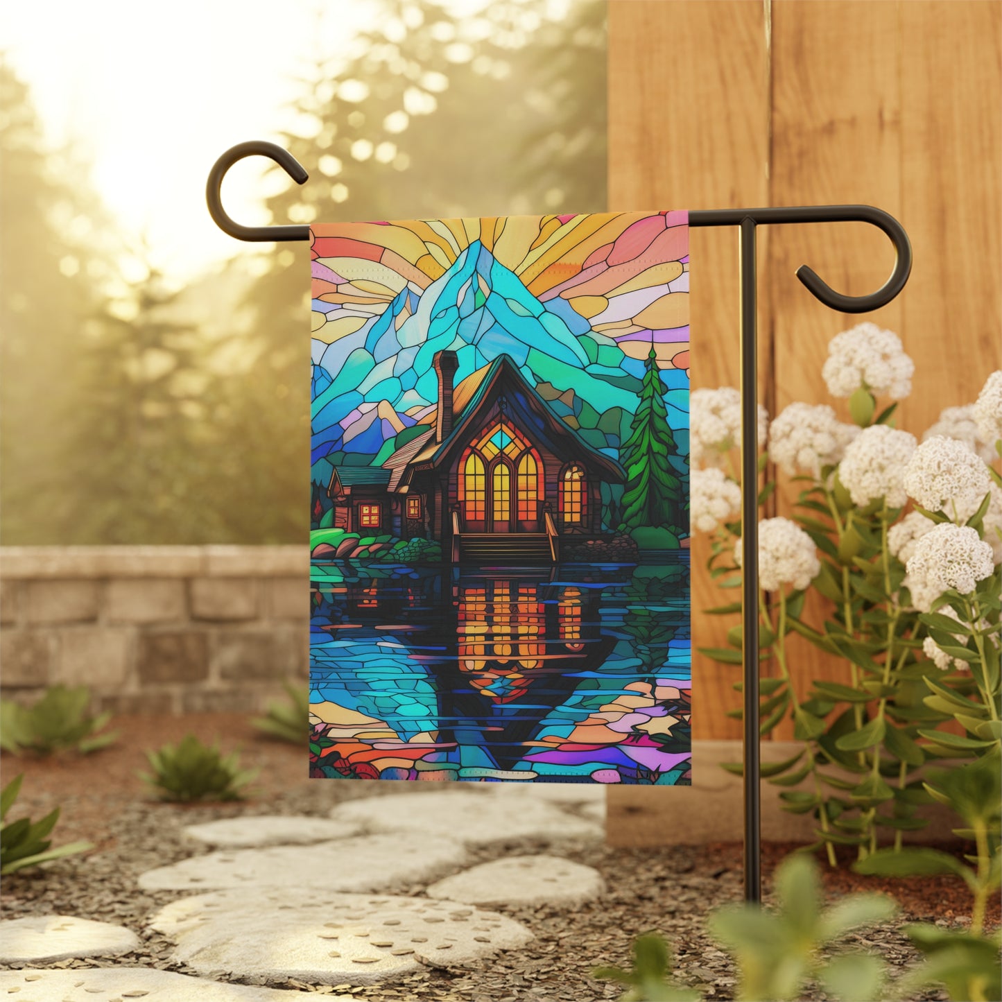 Mountain Cabin Paradise Stained Glass Look 2-Sided Garden & House Flag/Banner