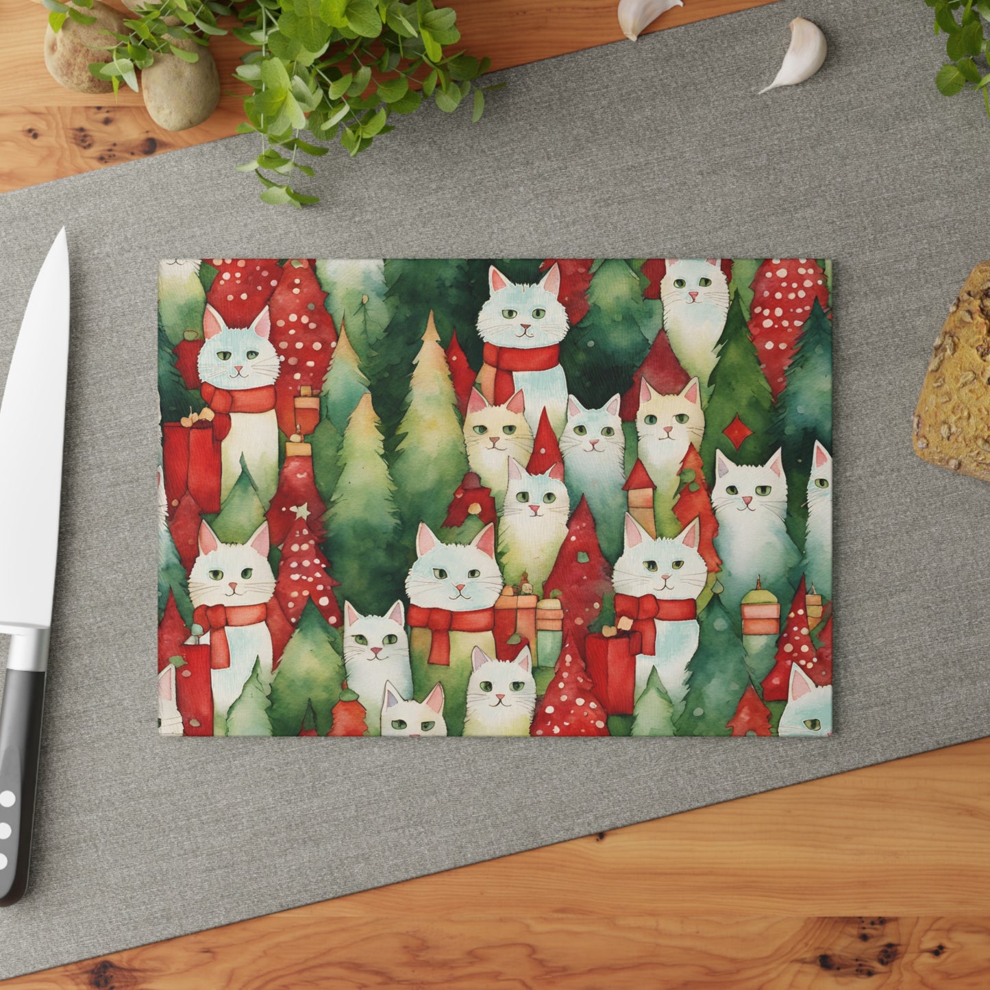 Meowy Christmas Glass Cutting Board