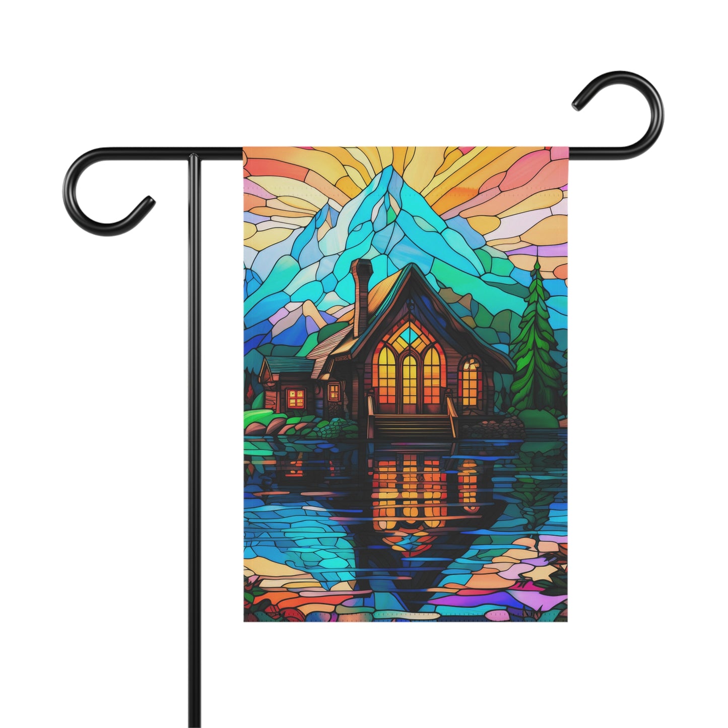 Mountain Cabin Paradise Stained Glass Look 2-Sided Garden & House Flag/Banner