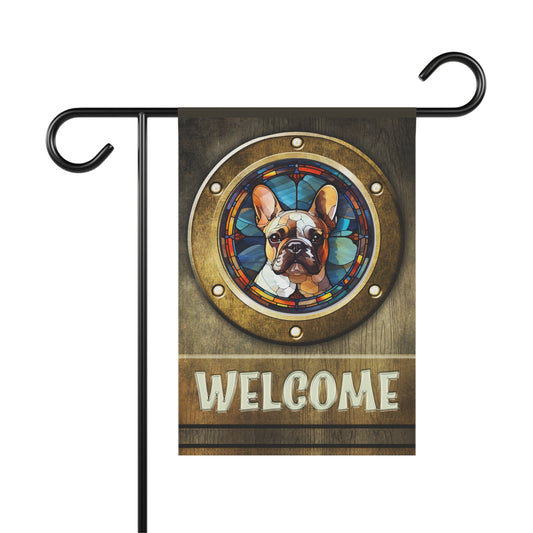 French Bulldog in Port Hole Welcome 2-Sided Garden & House Flag/Banner