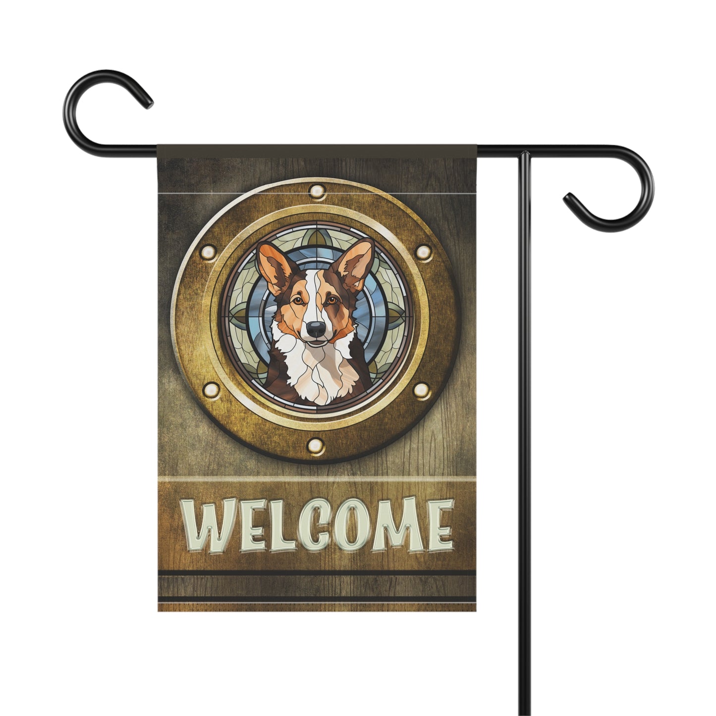 Corgi in Port Hole Welcome 2-Sided Garden & House Flag/Banner