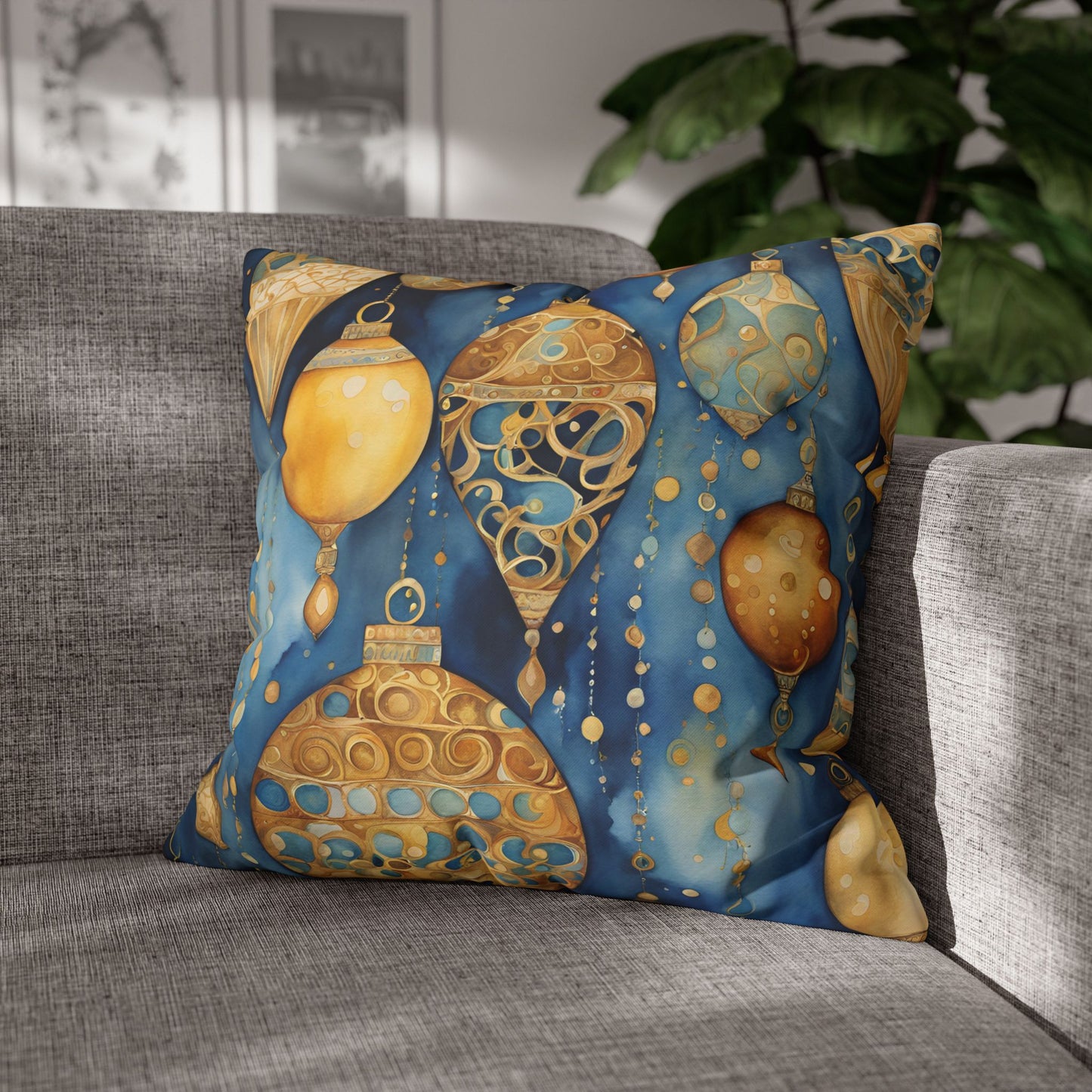 Gold Ornaments Abstract Watercolor Square Poly Canvas Pillowcase