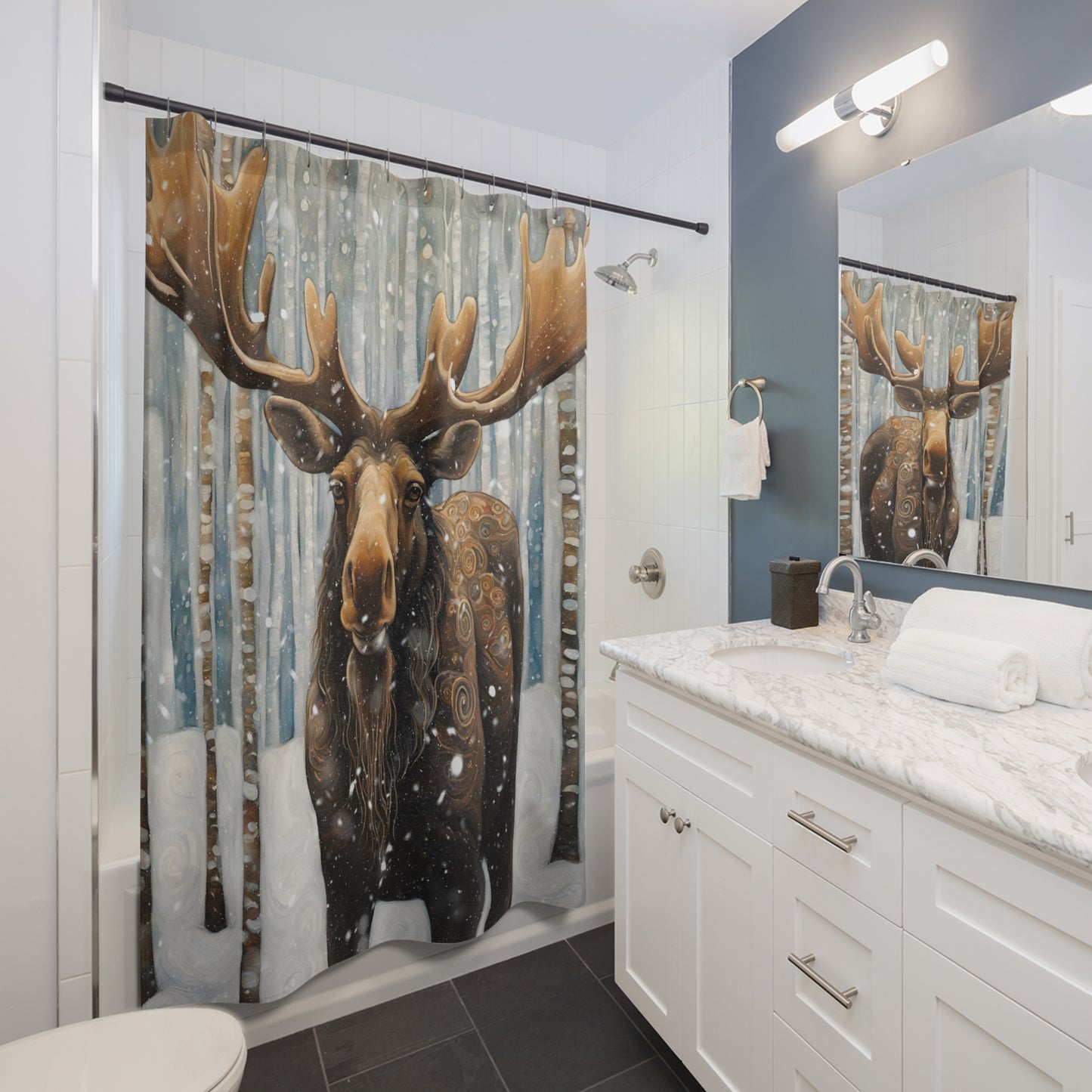 Mountain Forest Snowy Moose Polyester Shower Curtain