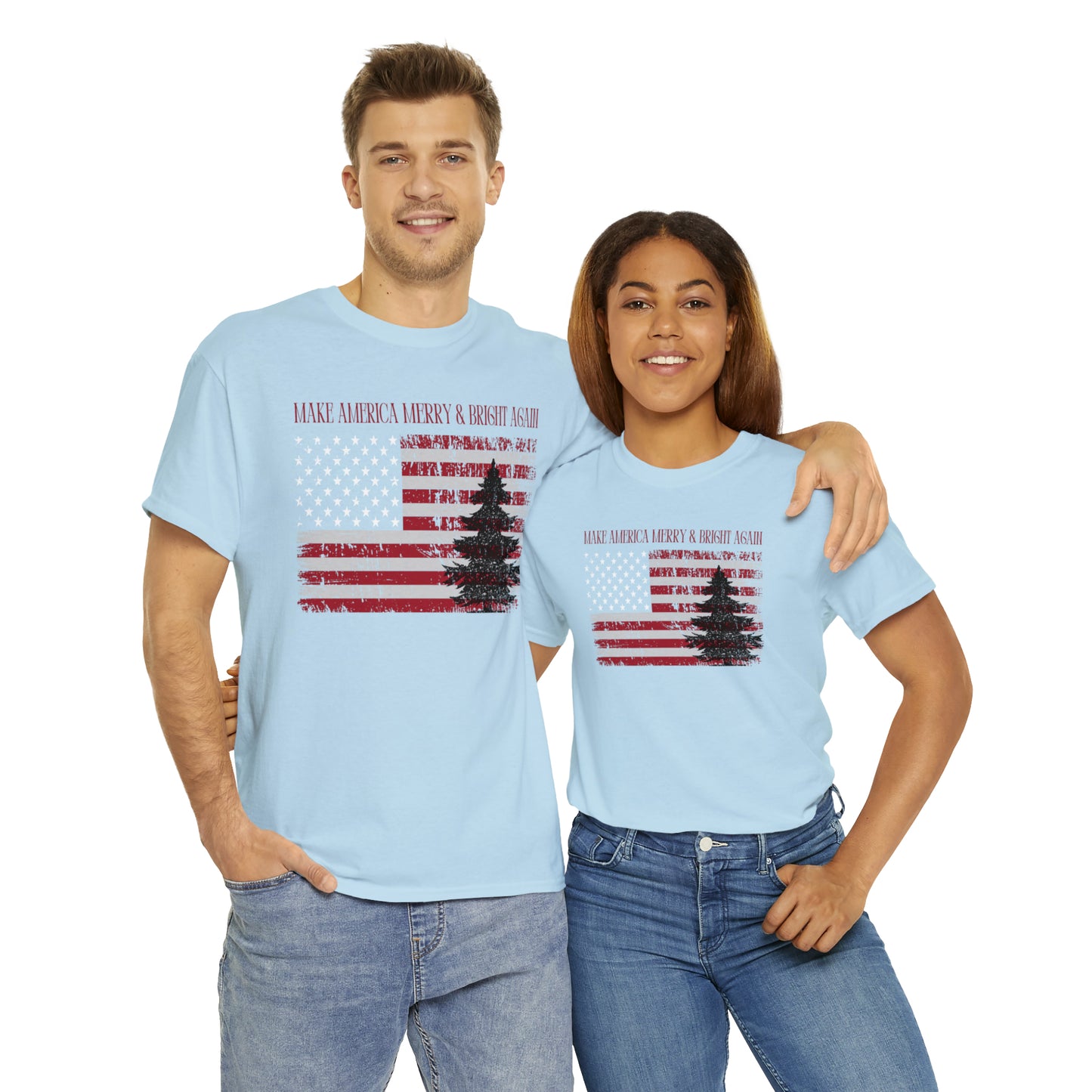 American Flag Make America Merry & Bright Again Unisex Heavy Cotton Tee