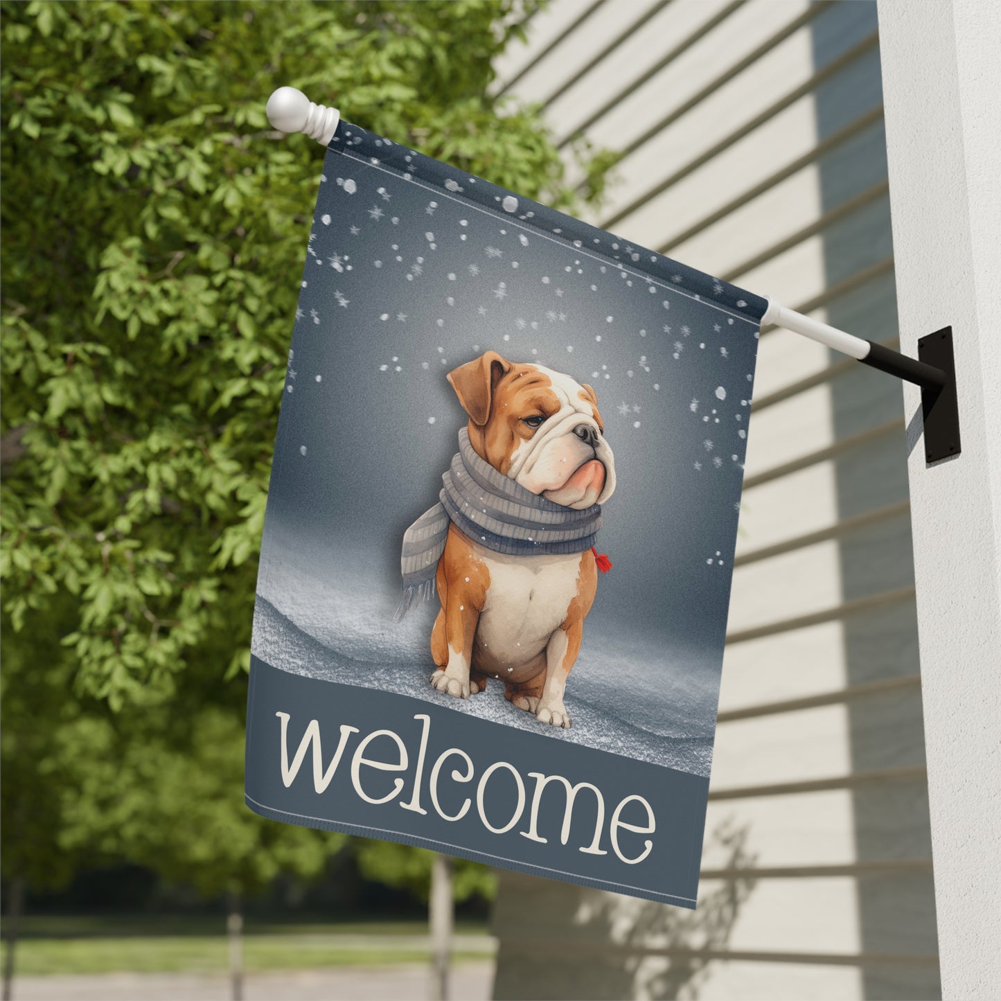 Snowy Welcome Bulldog in Scarf 2-Sided Garden & House Flag/Banner