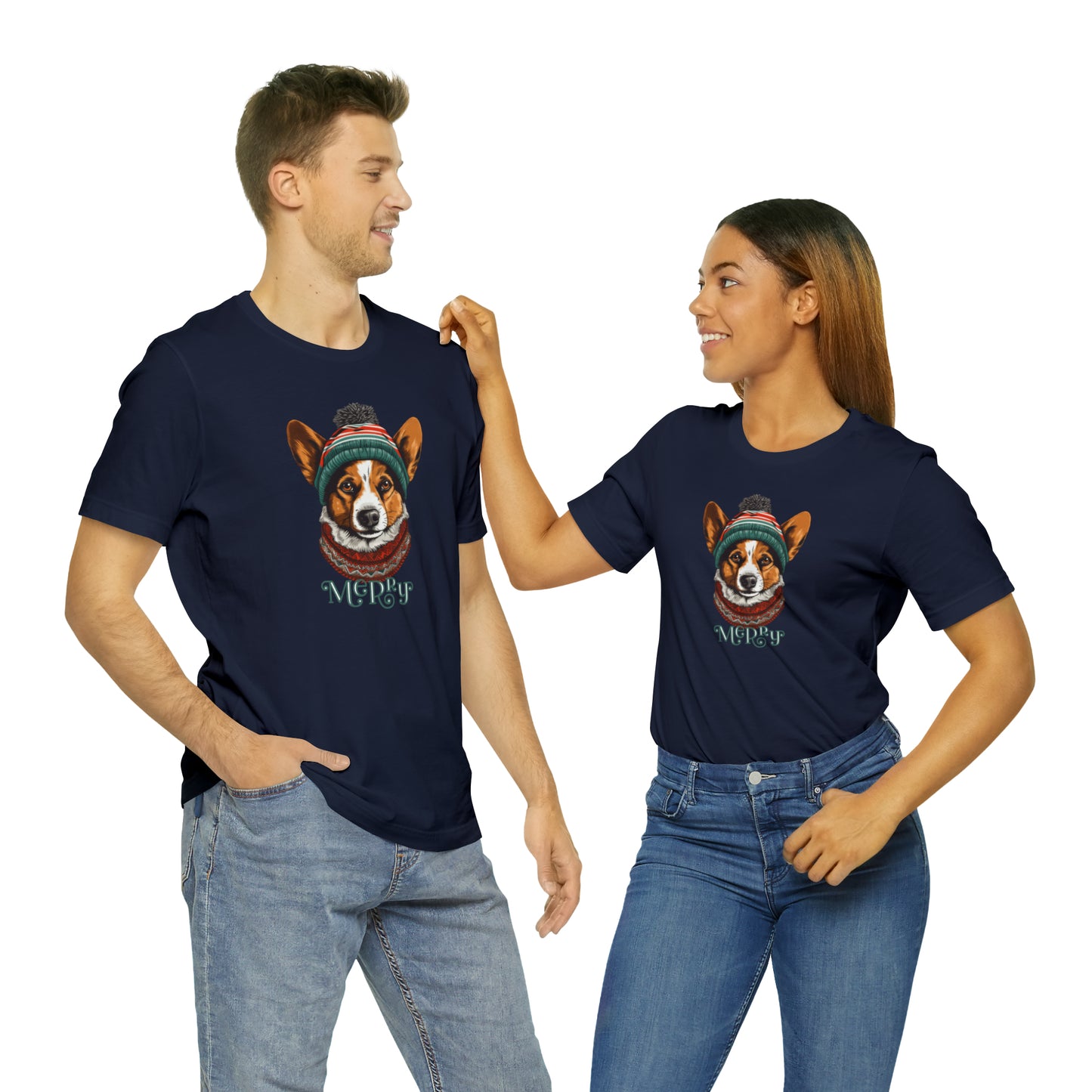 Merry Corgi in Hat & Scarf Unisex Jersey Short Sleeve Tee