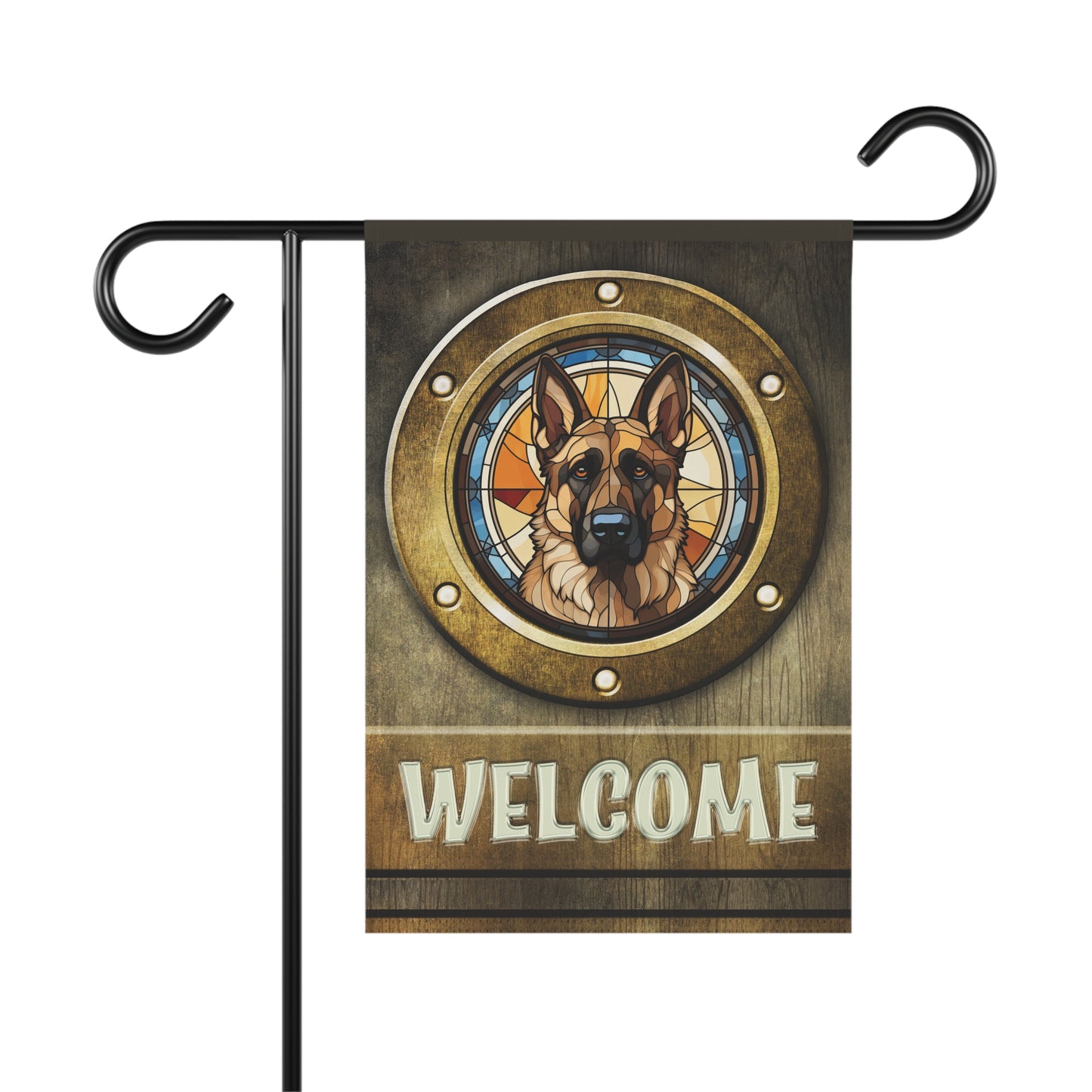 German Shepherd in Port Hole Welcome 2-Sided Garden & House Flag/Banner