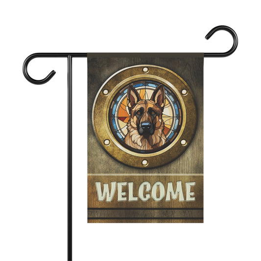 German Shepherd in Port Hole Welcome 2-Sided Garden & House Flag/Banner