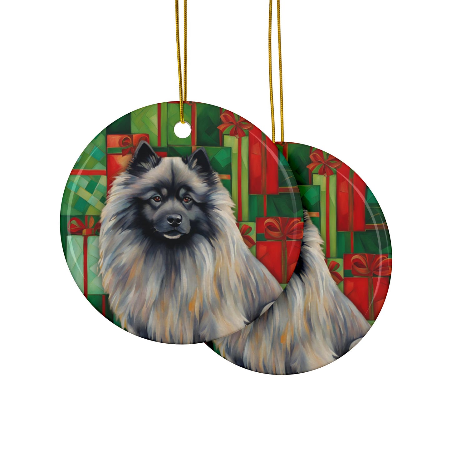 Keeshond Christmas 3" Ceramic Ornaments, 2-Side Print, (1pc, 10pcs)