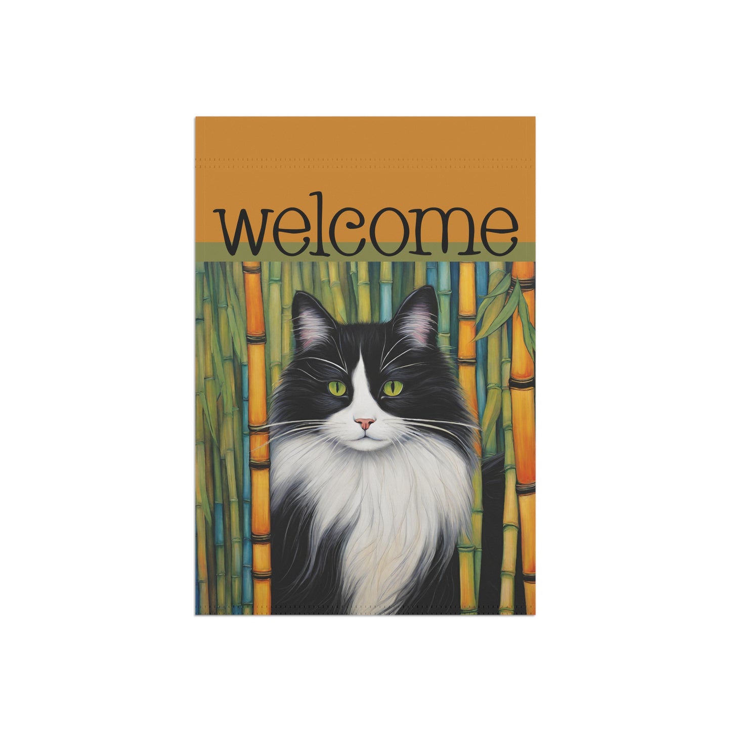 Black & White Bamboo Cat Welcome 2-Sided Garden & House Flag/Banner