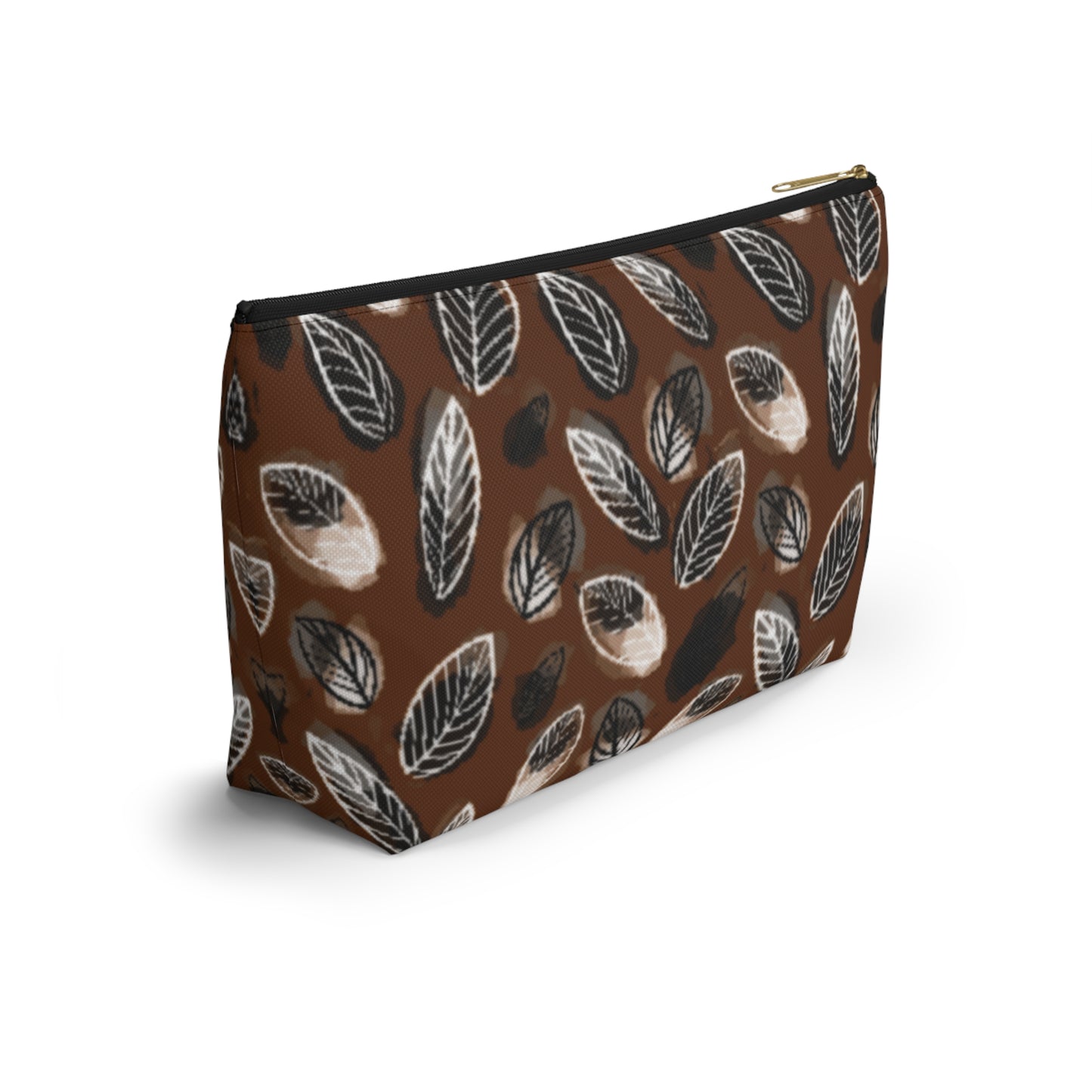 Gertie Black & Cream Abstract Leaves on Brown Makeup Zipper Accessory Pouch w T-bottom