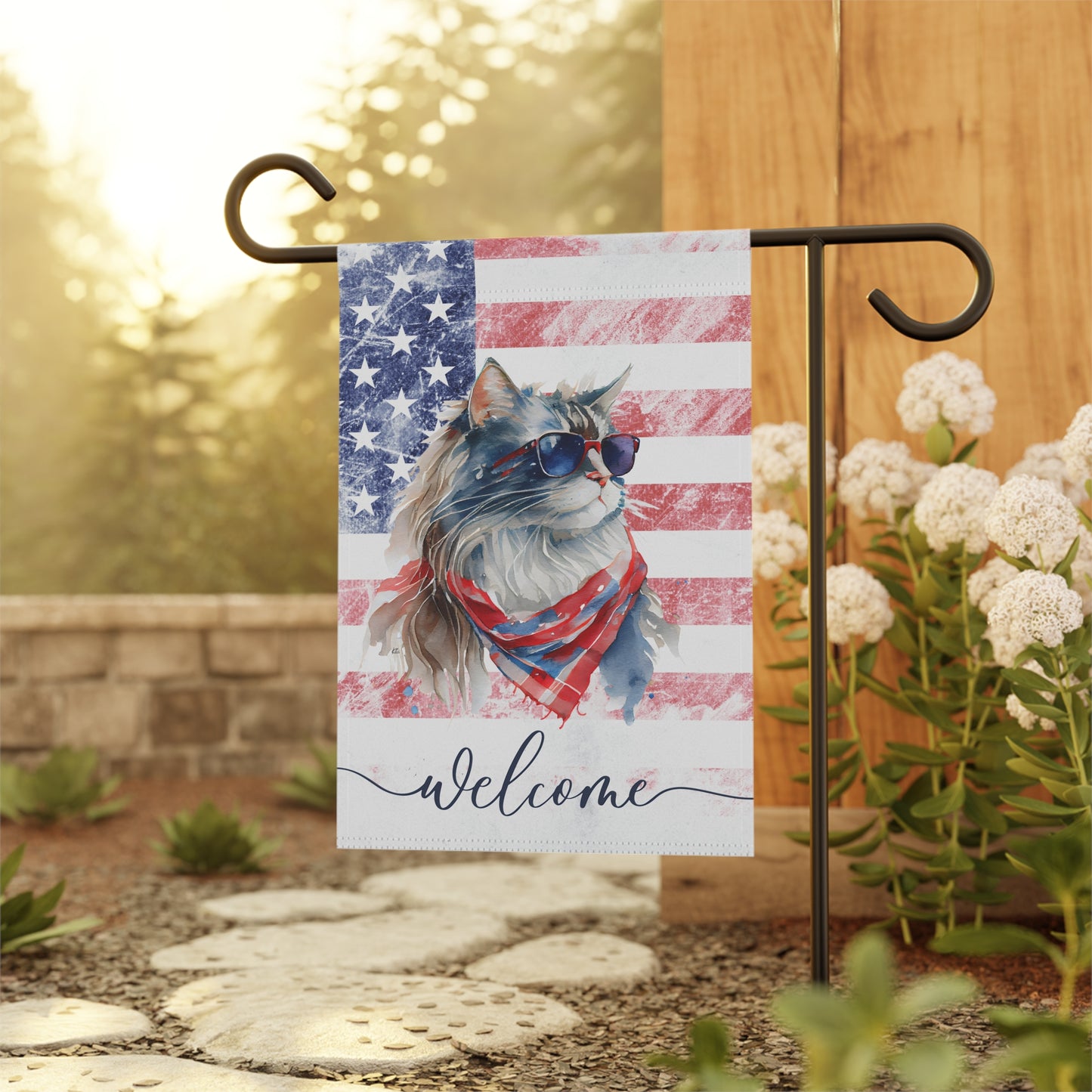 Patriotic Cat in Glasses Welcome 2-Sided Garden & House Flag/Banner