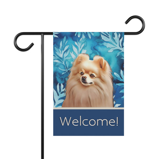 Pomeranian Welcome Blue 2-Sided Garden & House Flag/Banner