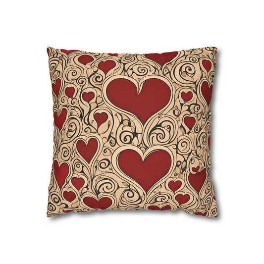 Hearts on Khaki Square Poly Canvas Pillowcase