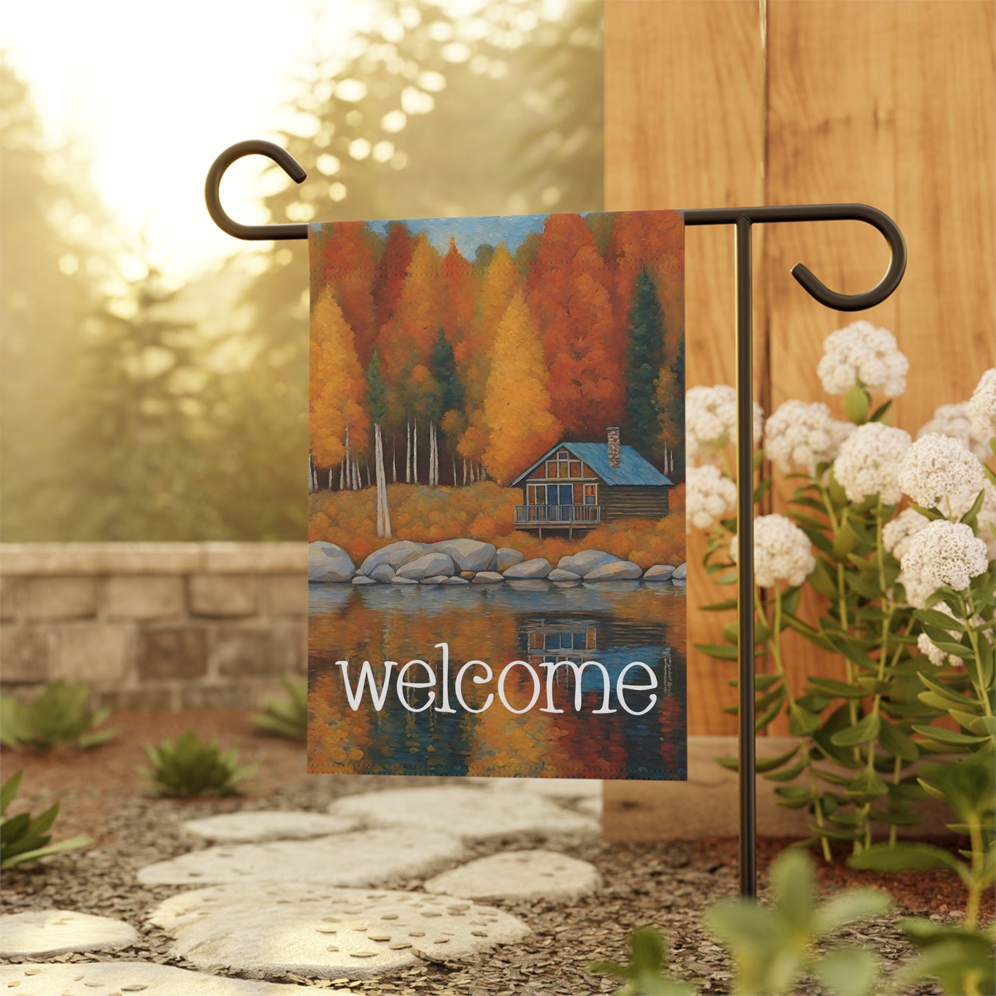 Lakeside Cabin in Fall Welcome 2-Sided Garden & House Flag/Banner