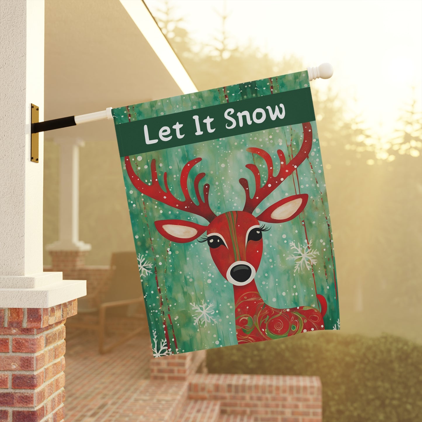 Red Reindeer Let it Snow 2-Sided Garden & House Flag/Banner