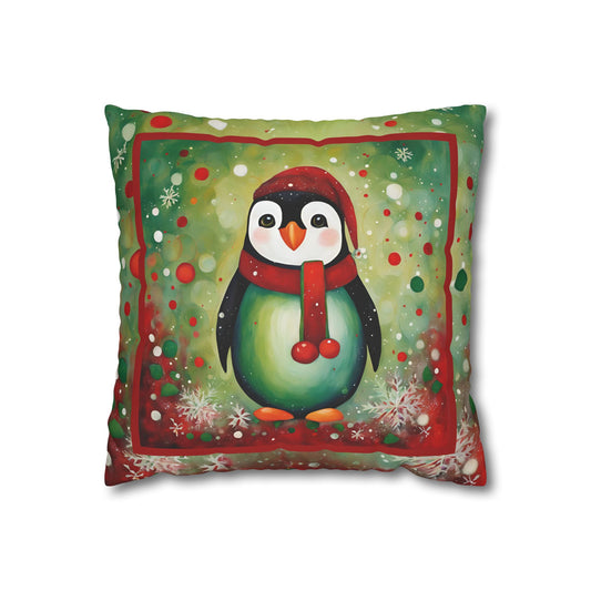 Holiday Penguin Square Poly Canvas Pillowcase