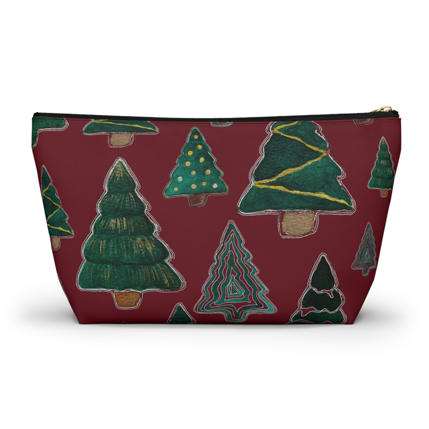 Christmas Tree Cutouts on Maroon Accessory Pouch w T-bottom