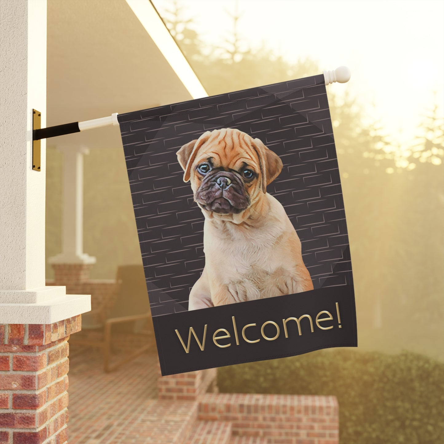 Pug Welcome on Brown 2-Sided Garden & House Flag/Banner