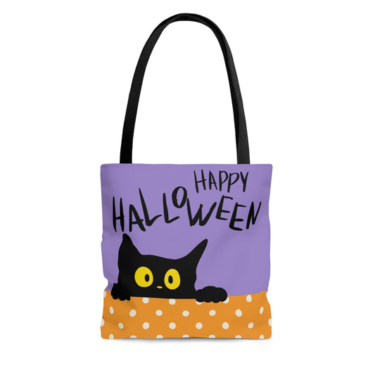 Happy Halloween Peeking Black Cat Trick or Treat Tote Bag