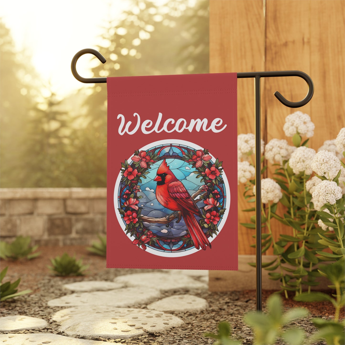 Stained Glass Cardinal 3 Welcome 2-Sided Garden & House Banner