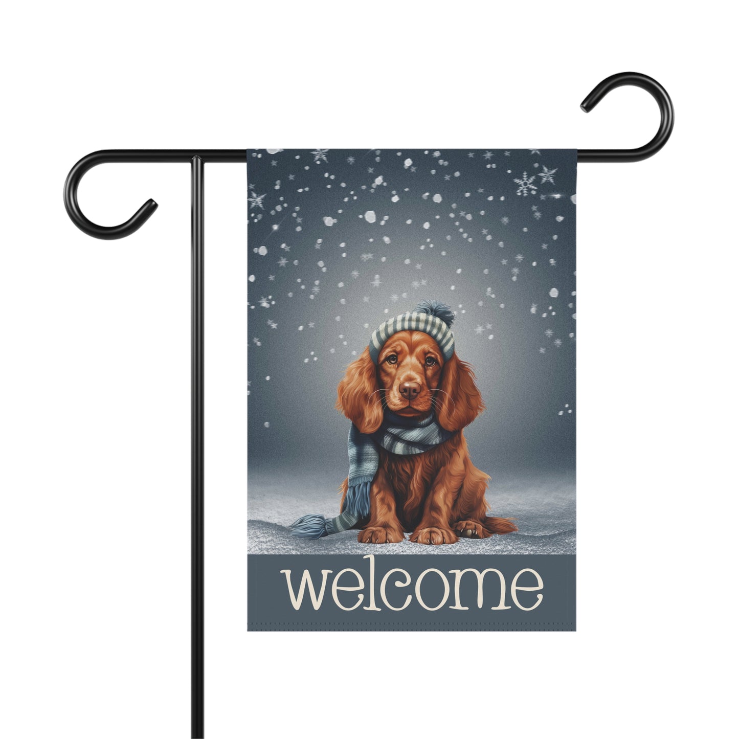 Snowy Welcome Irish Setter in Scarf 2-Sided Garden & House Flag/Banner