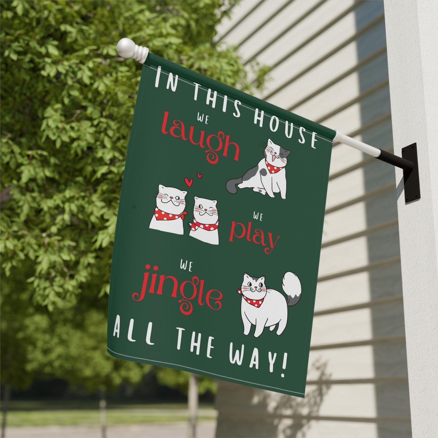 Laugh Play Jingle All the Way Cats on Green Christmas 2-Sided Garden & House Flag/Banner