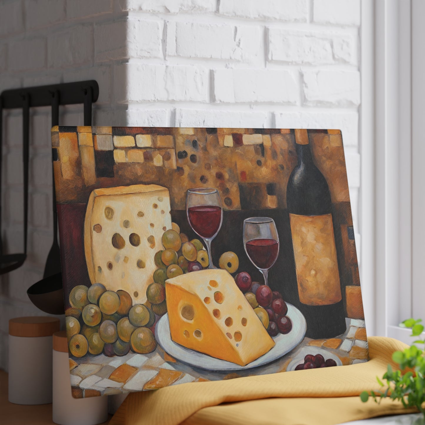 Unwind Wine, Cheese and Grapes Tempered Glass Cutting Board