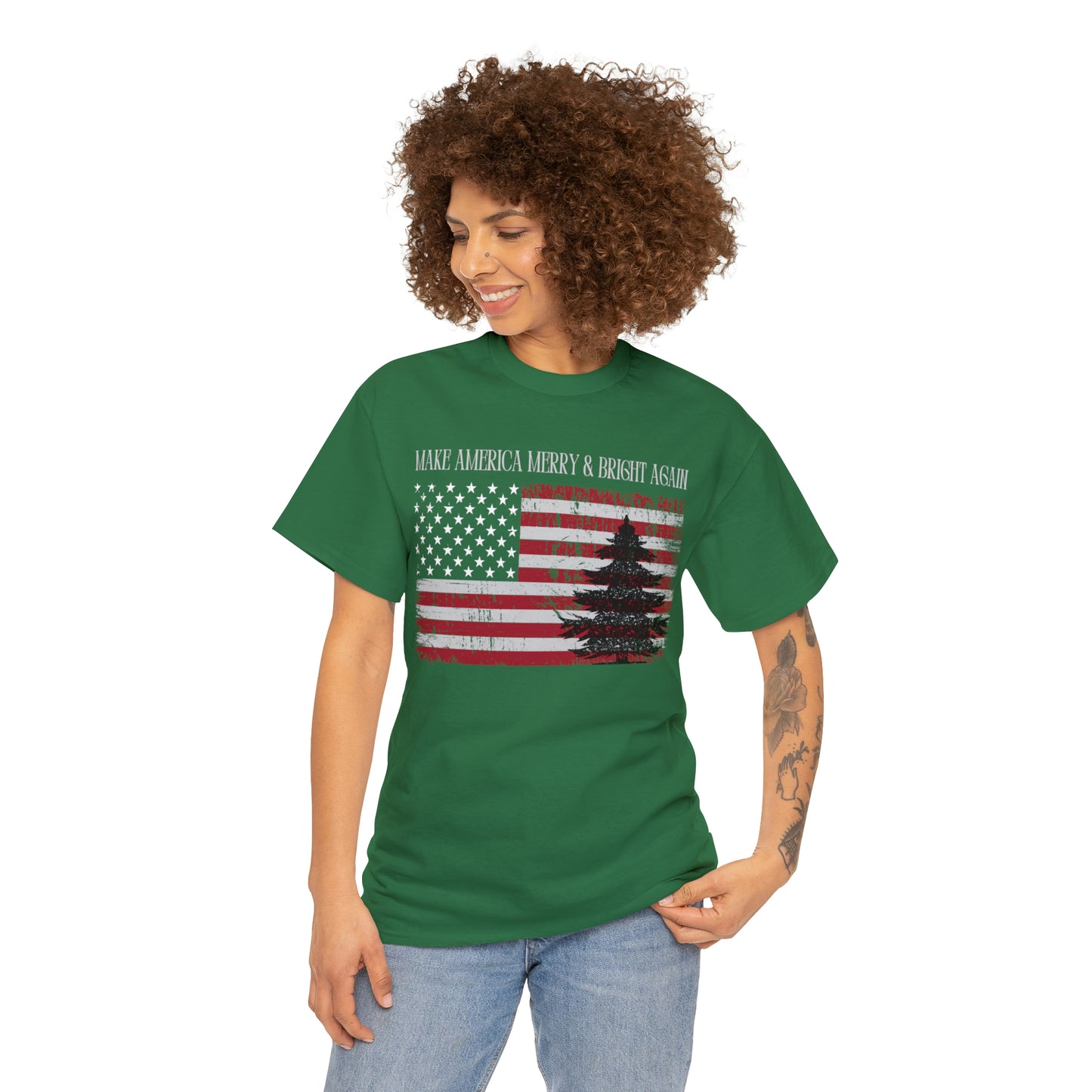 American Flag Make America Merry & Bright Again Unisex Heavy Cotton Tee