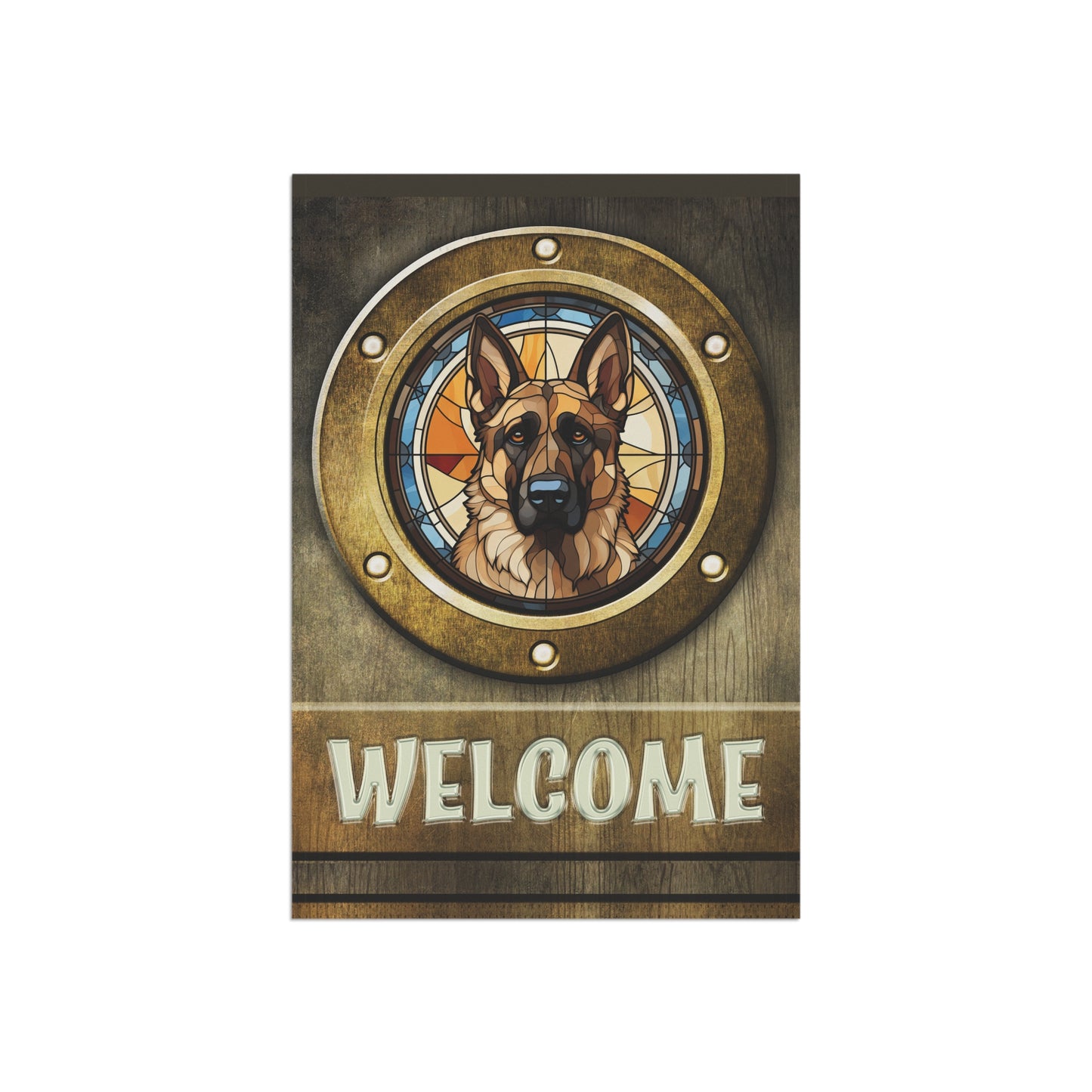 German Shepherd in Port Hole Welcome 2-Sided Garden & House Flag/Banner