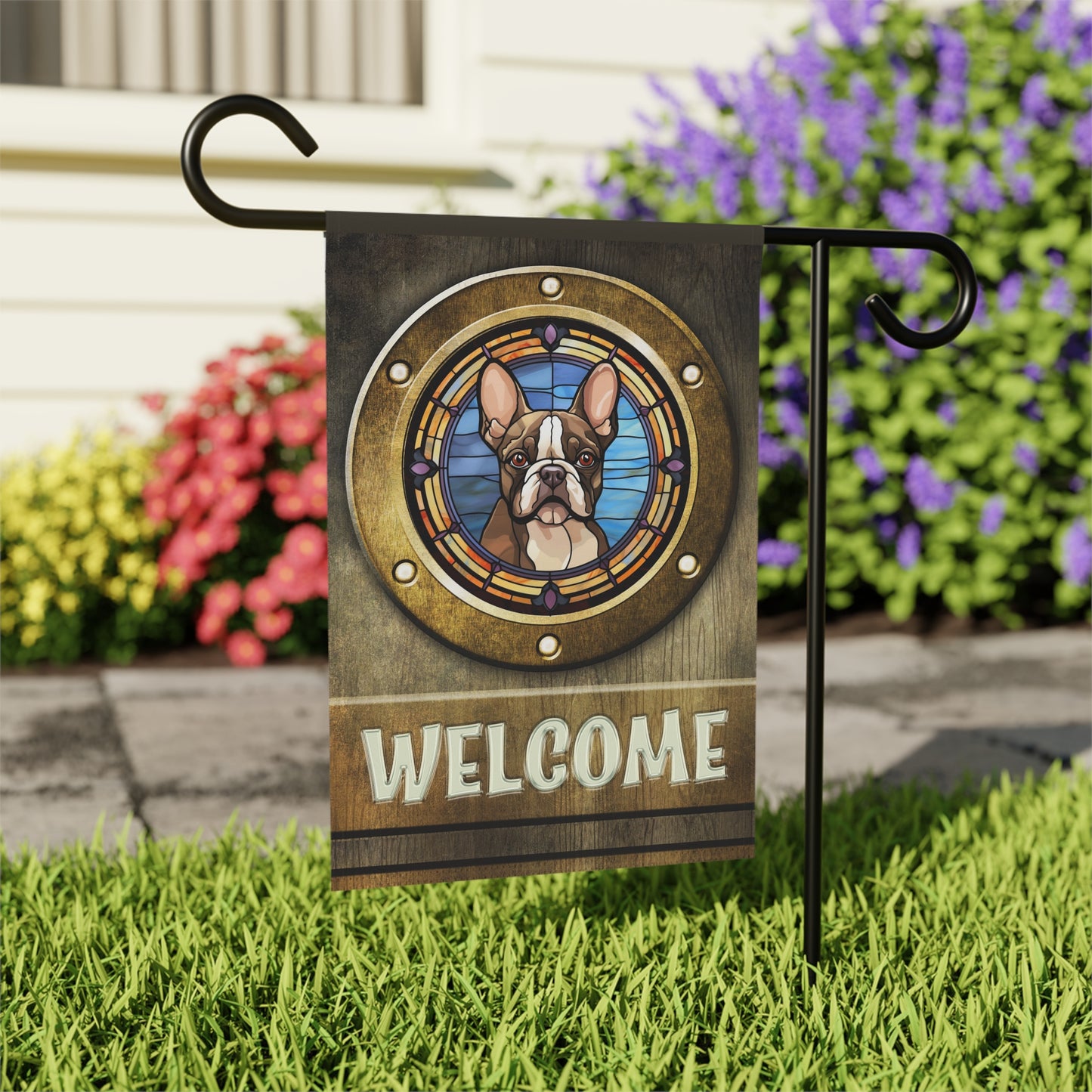 Boston Terrier in Port Hole Welcome 2-Sided Garden & House Flag/Banner