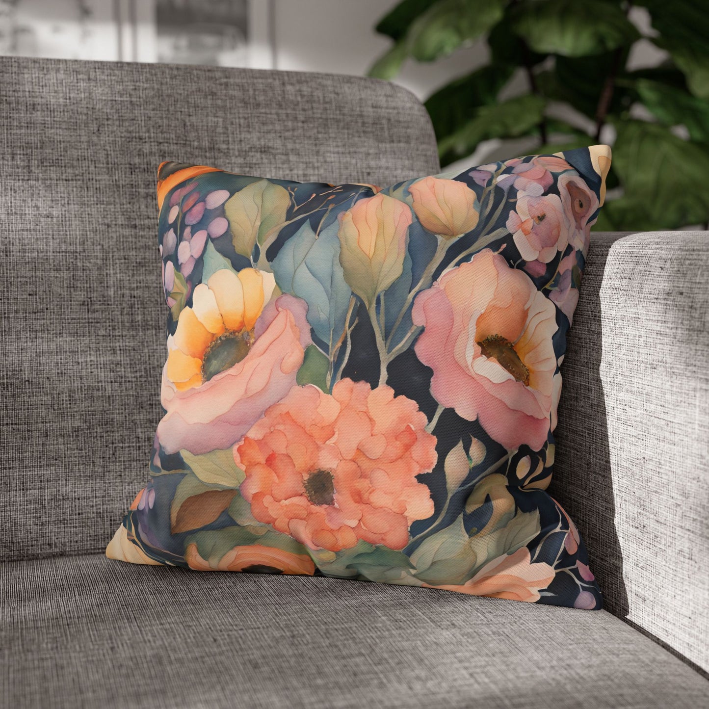 Charline Watercolor Floral Square Poly Canvas Pillowcase