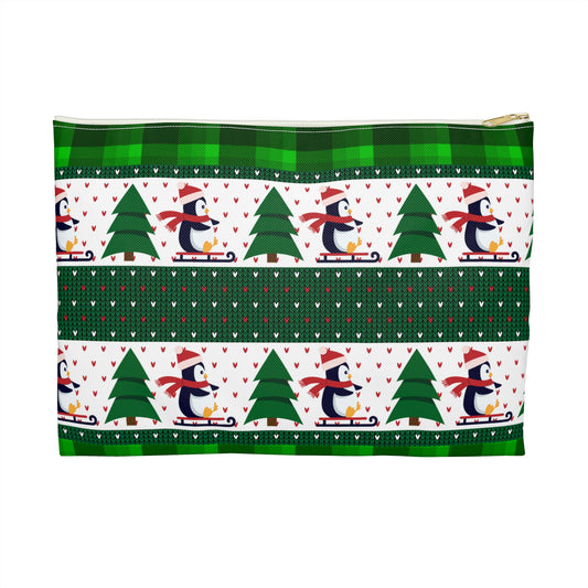 Sledding Penguins Green Plaid Accessory Pouch