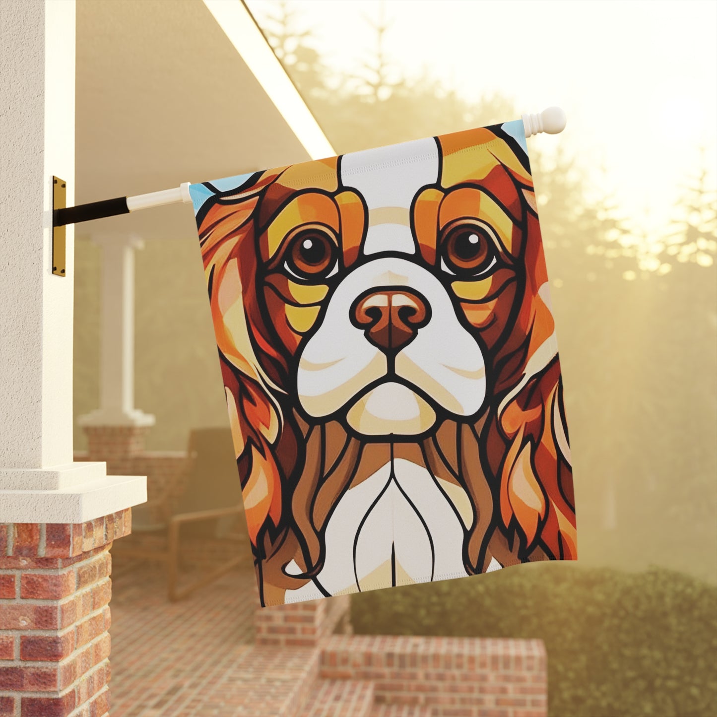 Cavalier King Charles Spaniel Face Stained Glass Look 2-Sided Garden & House Flag/Banner